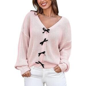 CUPSHE Womens Long Sleeve Bow Sweater Crochet Knit V-Neck Trendy Fall Pullover S
